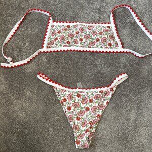 SHEIN Large Floral Red and White Square Neck Bikini NWOT